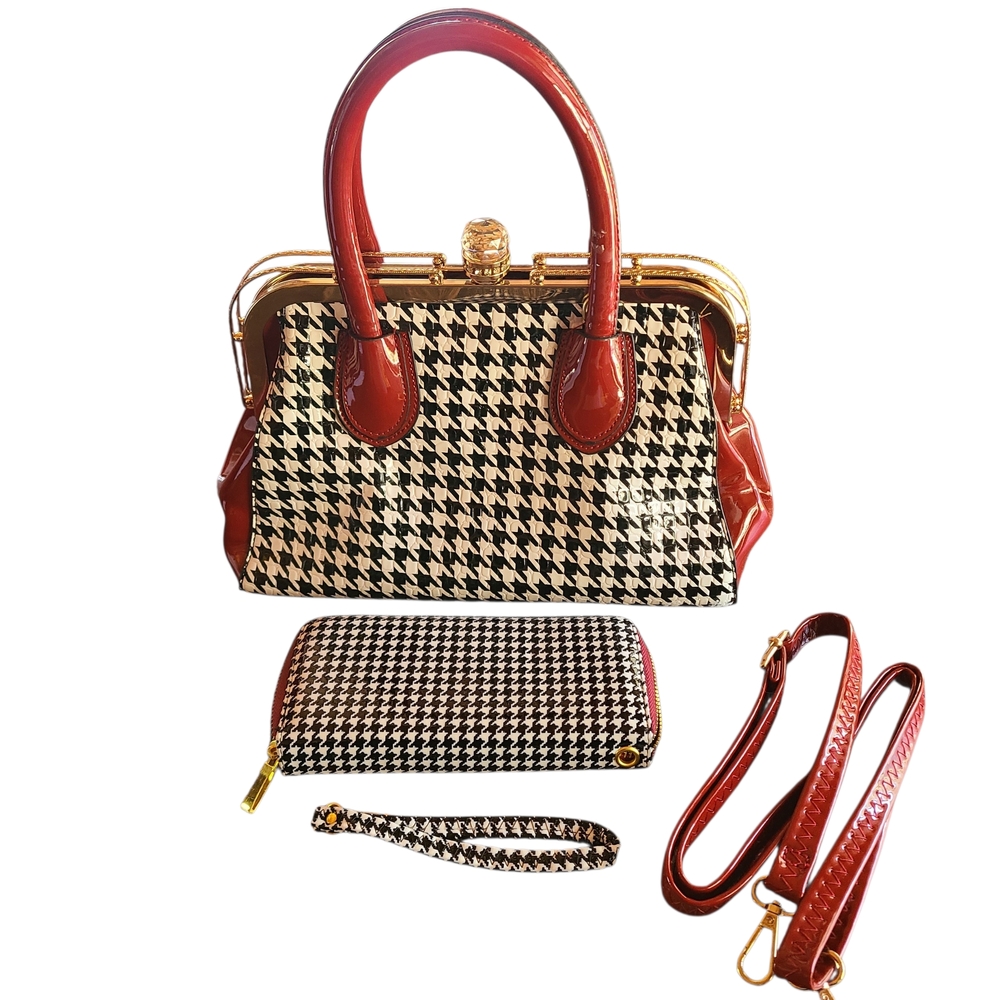 NWT Bosco Nebbioso Houndstooth Bag & Matching Wallet Set Red(Wine) Patent Retro